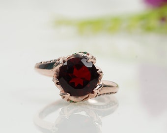Round Red Garnet Engagement Ring, Sterling Silver Rings, Natural January Birthstone Ring, Vintage Unique Black Onyx Side Stone Ring For Her