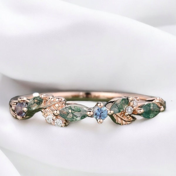 Moss agate Leaf Vine Wedding band Solid Rose Gold Marquise Alexandrite Moissanite marriage ring Dainty ring Promise Anniversary wedding band