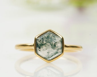 Moss Agate Ring Bezel Set Moss Agate Engagement Ring Hexagon Cut 14k Yellow Gold Green Gemstone Women Delicate Jewelry Promise Ring Women