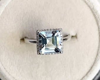 Antique Princess Cut Aquamarine Engagement Ring Sterling Silver Art Deco Halo Diamond March Birthstone Anniversary Unique Minimalist Ring
