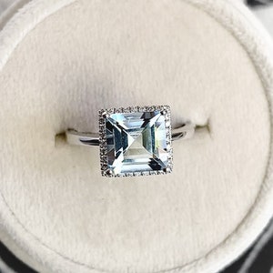 Antique Princess Cut Aquamarine Engagement Ring Sterling Silver Art Deco Halo Diamond March Birthstone Anniversary Unique Minimalist Ring