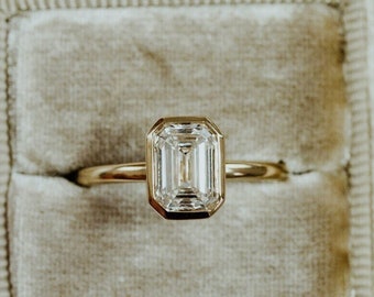 2.5CT Emerald Cut Moissanite Solitaire Ring, 14K Yellow Gold Engagement Ring, Bezel Setting, Statement Ring, Gift For Her, Anniversary Ring