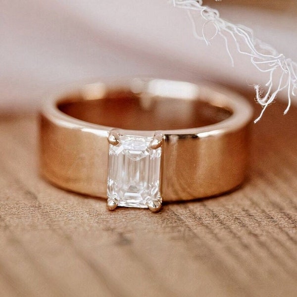 Emerald Cut Moissanite Ring, 14K Rose Gold Cigar Band, Vintage Wedding Band For Women, Thick Wide Band Bridal Stacking Band Anniversary Gift