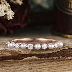 Pearl Diamond Wedding Band Women Rose Gold Pearl Matching Band Akoya Pearl Ring Half Eternity Stack Ring Minimalist Delicate Dainty Bridal