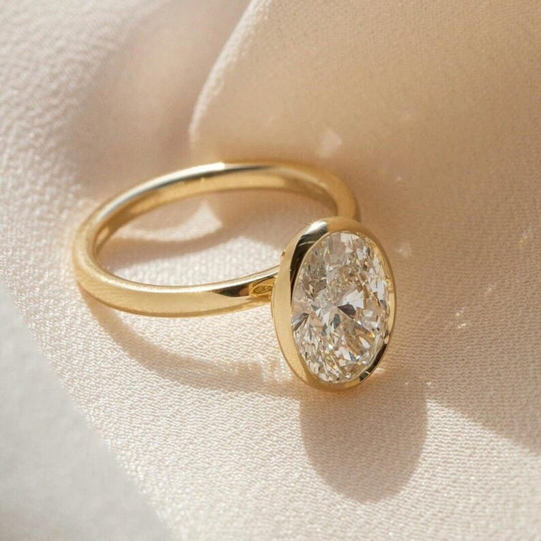14K Solid Yellow Gold Oval Moissanite Engagement Ring Anniversary Rings ...