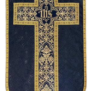 May include: A navy blue liturgical vestment with a gold cross design. The cross features ornate floral patterns and the letters IHS. Gold trim borders the vestment and cross, creating a striking contrast.