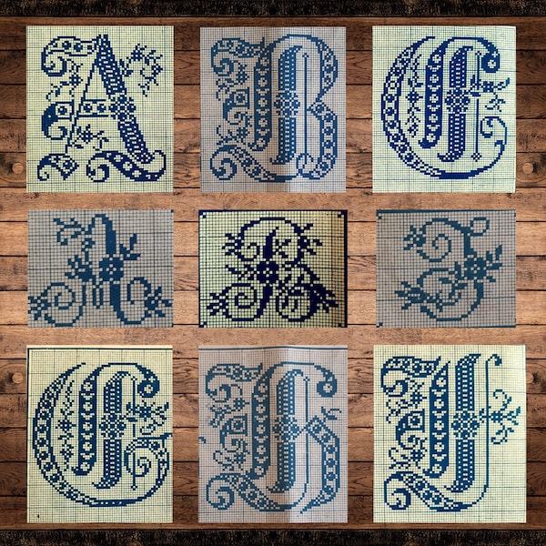 Royal cross stitch monograms from the 19th century from Riga, vintage cross stitch pattern