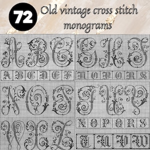Antigos monogramas florais vintage de ponto cruz do século 19 de Riga, ponto cruz vintage, padrão de ponto cruz digital