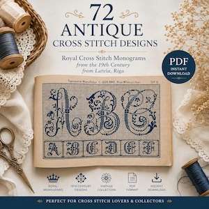 Puede incluir: Una colección digital de 72 diseños antiguos de punto de cruz con monogramas reales del siglo XIX de Riga, Letonia. El documento muestra patrones de letras azul oscuro ornamentadas sobre una cuadrícula, incluyendo las letras A, B y C.