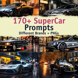 May include: A collection of 170+ supercar prompts featuring different brands and PNGs. The image shows a variety of luxury cars in different colors and styles, including a silver Bentley, a black Mercedes-Benz, a silver Aston Martin, and a black Mercedes-Benz SLR McLaren.