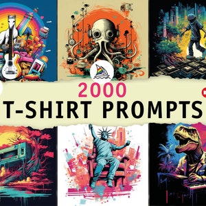 May include: A collection of six colourful t-shirt designs featuring various illustrations, including a unicorn, an octopus, a person standing on a platform, a person sitting on a throne, a dinosaur playing a keyboard, and a sunset scene with a stereo.