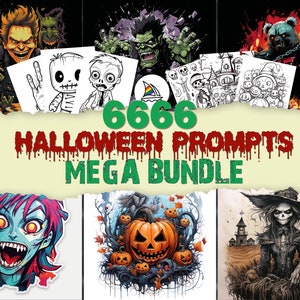 Midjourney Halloween Mega Bundle | Midjourney Prompts | PNG Images | Stickers | T-Shirt Designs | Spooky Ink Illustrations for Halloween