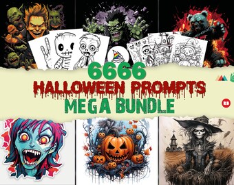 May include: A set of 666 Halloween-themed digital art prompts. The image features a variety of spooky and cute characters, including a zombie, a skeleton, a pumpkin, and a witch. The text "666 Halloween Prompts Mega Bundle" is displayed in red and green.