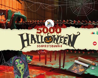 May include: A graphic design featuring a bloody chainsaw with the text "5000 HALLOWEEN SCARIEST BUNDLE" on a yellow background. The image also includes a black and green t-shirt with a graphic print of a creature with green skin and a black hooded cloak, a brown cardboard tube, and a black and white illustration of a monster with a red heart.