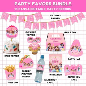 Ensemble de décorations de fête Ensemble de modèles sur toile de princesse Imprimables à faire soi-même Ensemble de kits de fête de princesse Modèles sur toile éditables
