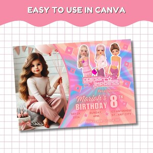 Modelo de convite para festa Roblox editável, tema "Vestido para impressionar" para meninas, para impressão com a adição de sua foto, modelo de convite para festa de aniversário