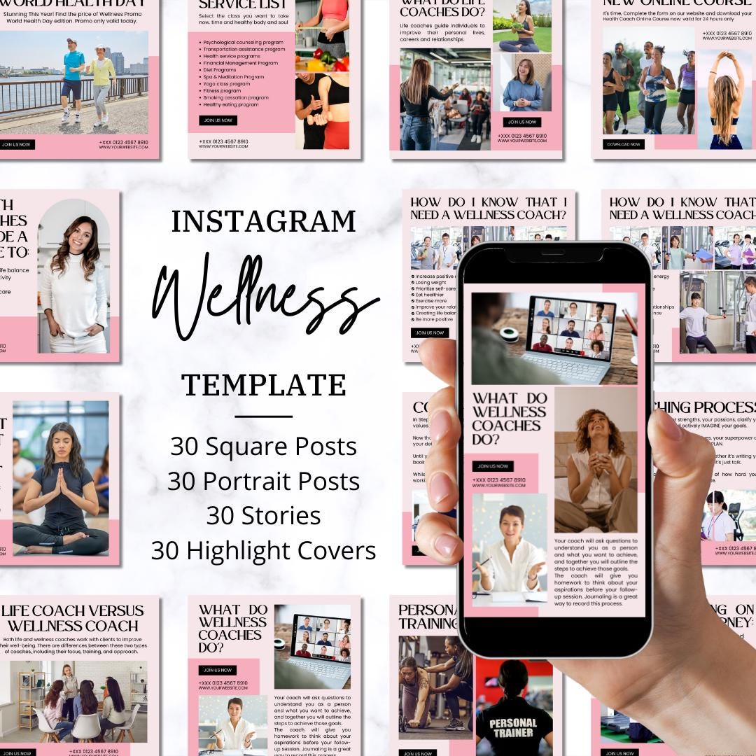 Wellness Instagram Post Templates Pink Theme Branding Editable Canva ...