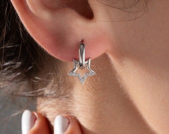 Star Huggie Hoop Earrings with Charm Zircon Star Earrings Star Hoop Earrings Star Dangle Earings Silver Star Earrings Star Drop Earrings