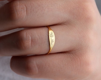 Custom Birth Flower Ring Personalized Birth Month Flower Ring Dainty Engraved Flower Ring with Birth Flower Gold Birthflower Ring for Mom