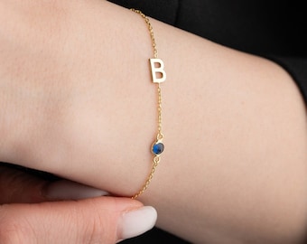 Dainty Initial Birthstone Bracelet with Initial Bracelet with Birthstone Letter Bracelet with Birthstone Jewelry Birthstone Gift for Her