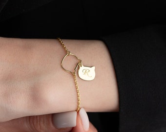 Dainty Cat Initial Bracelet Women Personalized Cat Head Bracelet with Initial and Birthstone Bracelet Custom Initial Bracelet Cat Lover Gift