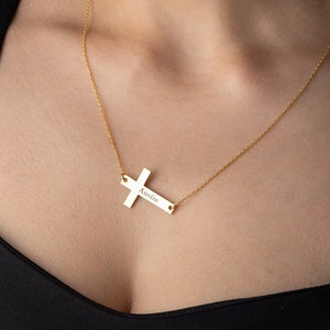 Dainty Gold Cross Necklace with Name Custom Cross Name Necklace Personalized Baptism Cross Necklace Crucifix Name Necklace