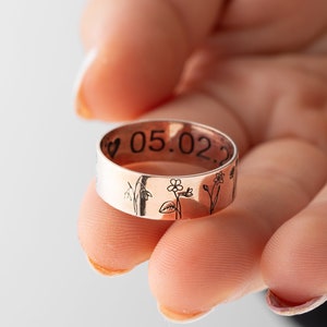 Sterling Silver Birthflower Ring Custom Month Birth Flower Ring Personalized  Birthflower Ring Engraved Birth Flower Ring