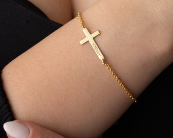 Cross Name Bracelet 14K Gold Cross Bracelet with Name Custom Cross Bracelet for Women Baptism Gift Girl First Communion Gifts for Girls