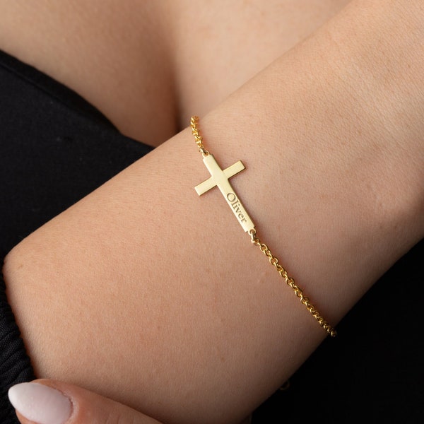 Kreuz Namensarmband Personalisiertes Kreuz Armband mit Namen Benutzerdefiniertes Kreuz Armband Christliche Geschenke zur Taufe Christliches Armband für Mädchen