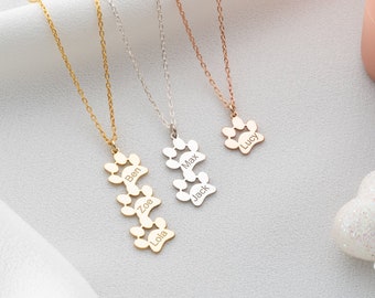 Dainty Gold Paw Print Name Necklace Custom Paw Print Necklace Gold Paw Necklace Sterling Silver Dog Name Necklace Personalized Pet Necklace