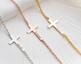 Cross and Name Bracelet Personalized Cross Bracelet with Name Jesus Name Bracelet Crucifix Bracelet for Women Christian Bracelet for Girl