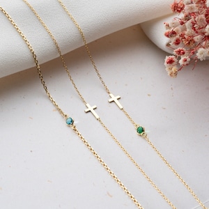 Tiny Cross Bracelet with Birthstone Bracelet with Cross Dainty Gold Cross Bracelet Sterling Silver Cross Bracelet Christening Gift for Girls