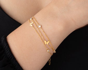 Zircon Bracelet with Butterfly or Star Butterfly Friendship Bracelet 3 Rows Butterfly Bracelet Dainty Star Bracelet