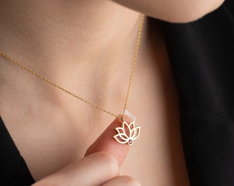 Lotus Flower Necklace with Birthstone Lotus Necklace Dainty Lotus Flower Pendant Lotus Flower Birthstone Necklace
