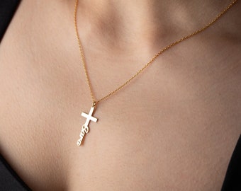 Personalized Cross Necklace with Baptism Gift for Girl Cross Name Necklace Dainty Gold Name Necklace with Cross Necklace with Name Custom