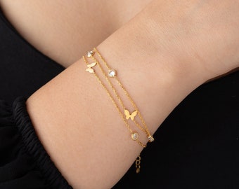 Dainty Gold Butterfly Bracelet with Zircon Stone Silver Star Bracelet Butterfly Friendship Bracelet Butterfly Charm Bracelet 3 Row Bracelet