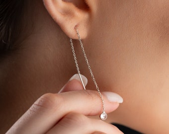 Silver Threader Earrings with Gemstone Dainty Threader Earrings Dangle Chain Earrings Silver Long Thread Earrings Minimailst Gift for Women