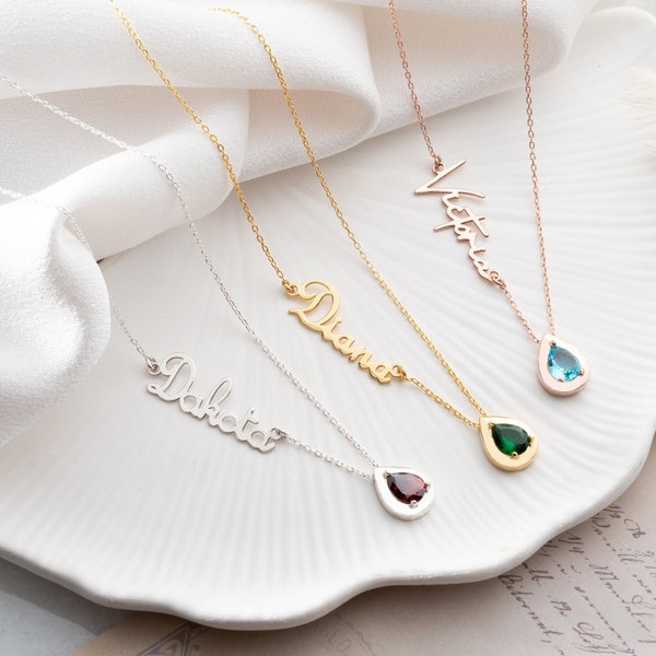 Birthstone Name Necklace Personalized Name Necklace with Birthstone with Name Necklace Custom Name Necklace with Birthstone and Name