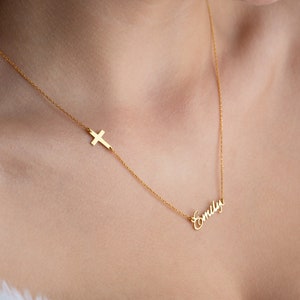 Custom Name Necklace with Cross Name Necklace Personalized Cross Necklace with Name Sideways Cross Necklace First Communion Gift for Girls