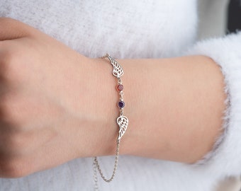 Minnesarmband med födelsesten Fint armband i guld med änglavingar Skyddsängelarmband i sterlingsilver för mamma Present till henne