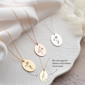 Oval Birth Flower Necklace with Birthflower Engraved Disc Necklace Birth Month Flower Necklace Personalized Birthflower Necklace for Mom