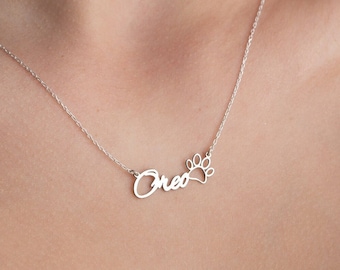 Custom Paw Print Name Necklace with Paw Personalized Paw Necklace with Name Sterling Silver Dog Name Necklace Mom Personalized Pet Necklace