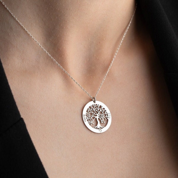 Custom tree of life necklace with kids names dainty family tree necklace personalized tree necklace silver tree of life pendant for women