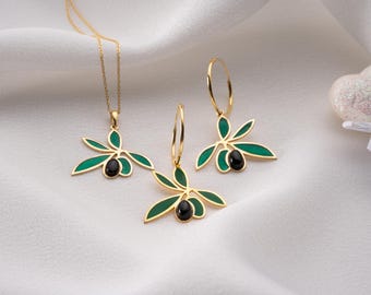 Green Olive Branch Necklace and Olive Branch Earrings Set, Necklace and Earrings Set Green:  Minimalist Jewelry Set