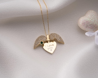 Sierlijke ketting met engelenvleugels met naam, geheime boodschap ketting met engelenvleugels en geboortesteen
