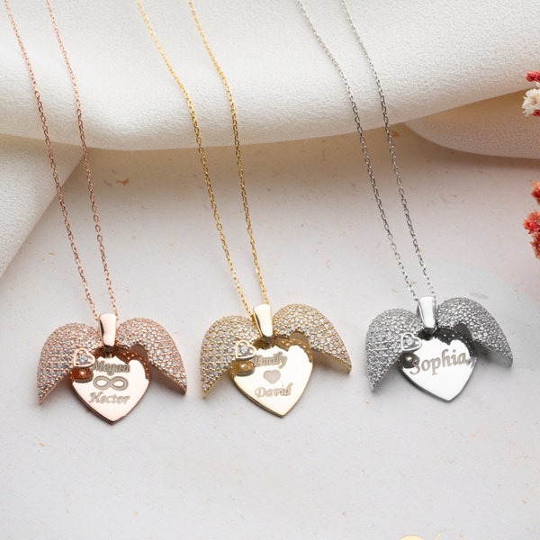 Dainty Gold Angel Wings Necklace with Name Personalized Angel Wing Necklace with Engraved Secret Message Guardian Angel Wings Necklace