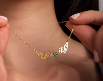 Colar Asas de Anjo com Pedra Natalícia, Delicado Colar Asas de Anjo em Ouro com Pedra Natalícia, Colar Anjo da Guarda em Prata de Lei, Presente para Mãe.