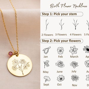 Combined Birth Flower Necklace with Birthstone Birthflower Bouquet Necklace Birth Month Flower Necklace Personalized Birthflower Necklace image 10