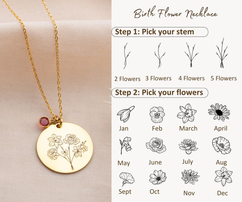 Combined Birth Flower Necklace with Birthstone Birthflower Bouquet Necklace Birth Month Flower Necklace Personalized Birthflower Necklace image 10