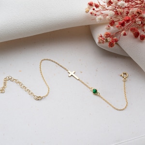 Tiny Cross Bracelet with Birthstone Bracelet with Cross Dainty Gold Cross Bracelet Sterling Silver Cross Bracelet Christening Gift for Girls